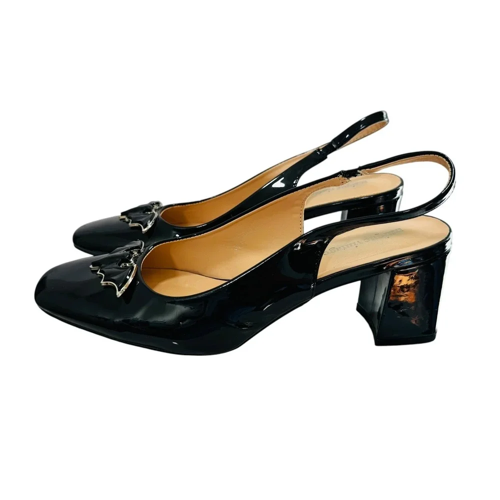 Bat Witchy Preppy Patent‎ Leather Slingback Square Toe Pumps 10 Block Heel Black